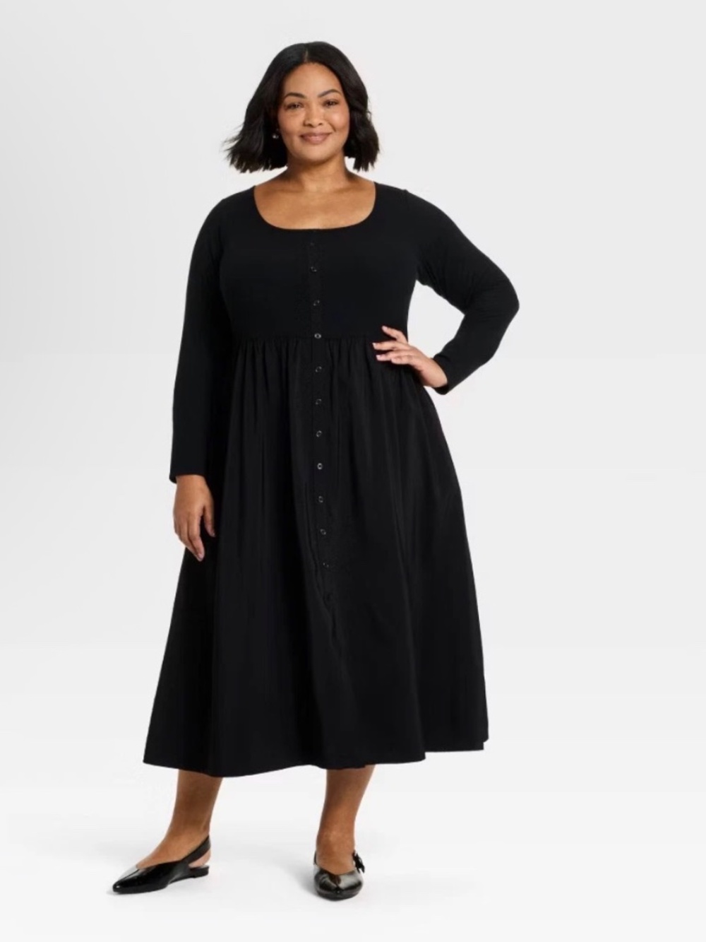 Ava & Viv Women's Plus Long Sleeve Button-Front Maxi Dress black NWT